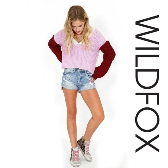 Wildfox NWT Color Me Beverly Chunky Knit Cropped Sweater pink cream red Med - Picture 2 of 12